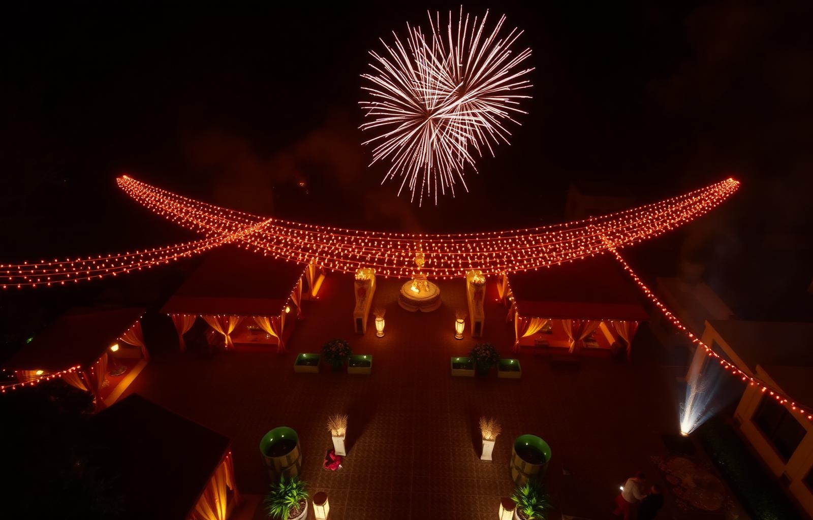 Aerial drone shot of wedding venue with fireworks